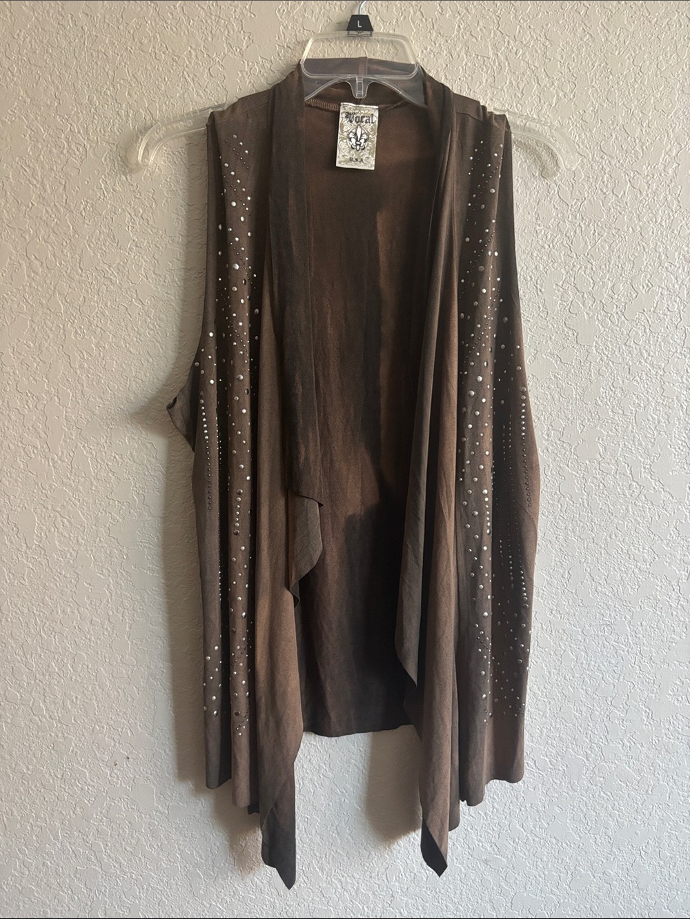 Vocal Brown Open Front Vest with Stud-Accented Trim